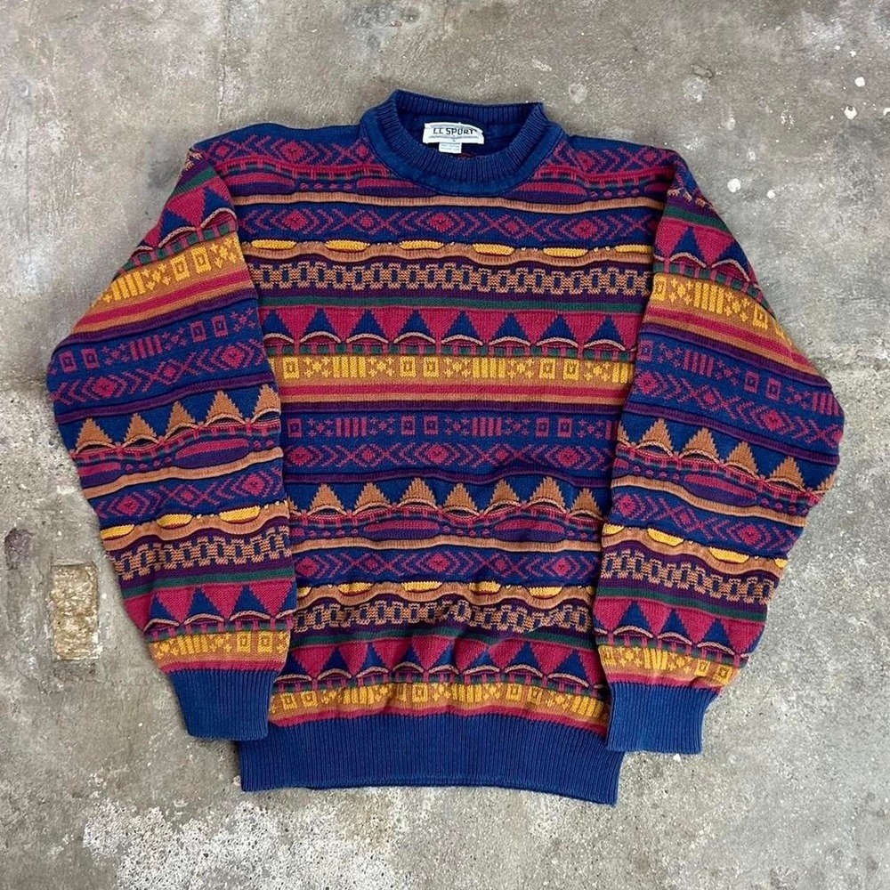 Vintage 90s CC Sports 3D Knit Sweater Size Large Blue Striped Pullover Coogi